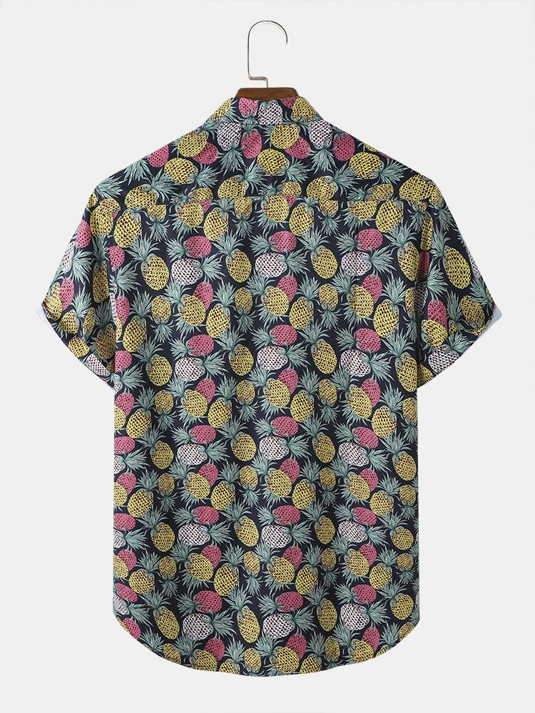 Mężczyźni Funny Allover Ananas Print Street Button Curved Hem Holiday Shirts