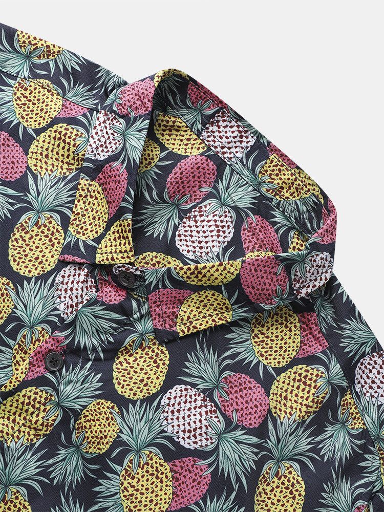 Mężczyźni Funny Allover Ananas Print Street Button Curved Hem Holiday Shirts