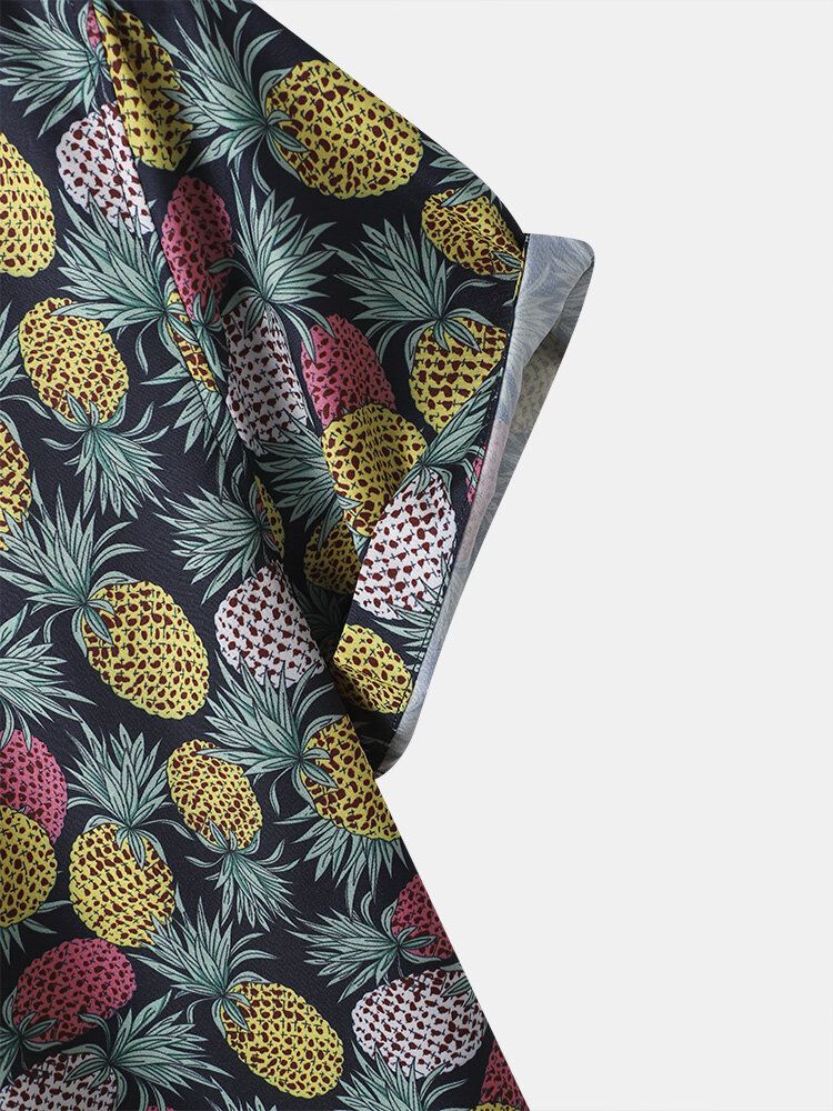 Mężczyźni Funny Allover Ananas Print Street Button Curved Hem Holiday Shirts