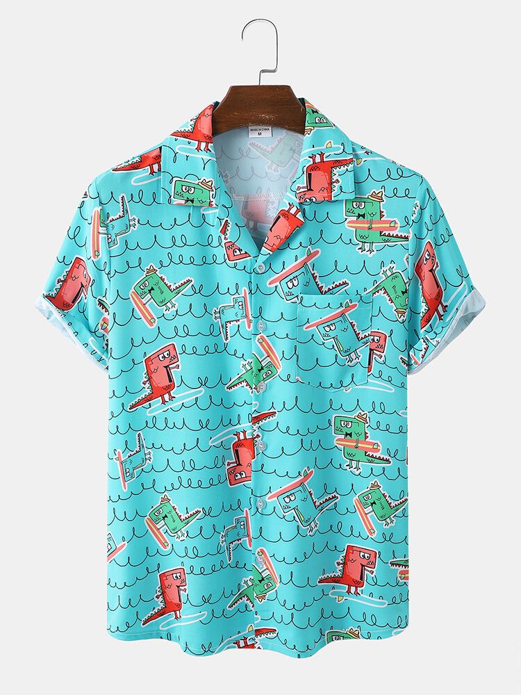 Mężczyźni Funny Dinosaur Print Kostiumy Kąpielowe Ice Silk Wygodne Revere Collar Hawaje Style Koszule