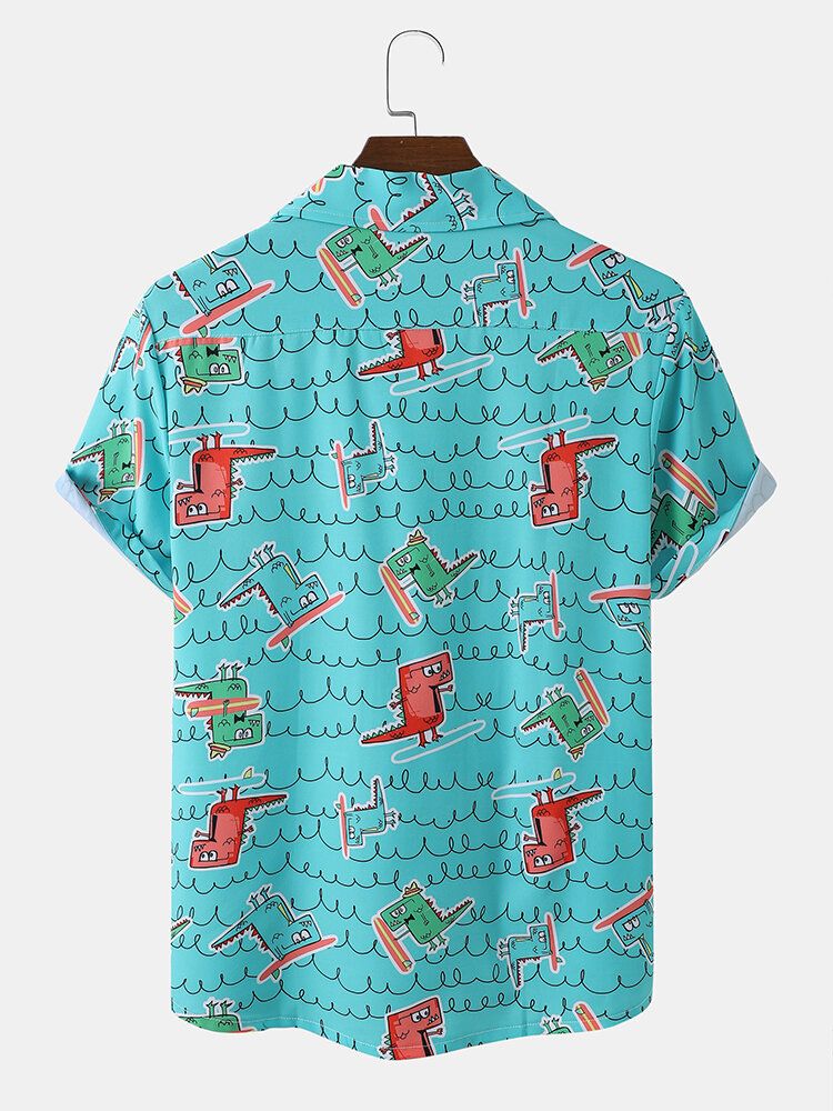 Mężczyźni Funny Dinosaur Print Kostiumy Kąpielowe Ice Silk Wygodne Revere Collar Hawaje Style Koszule