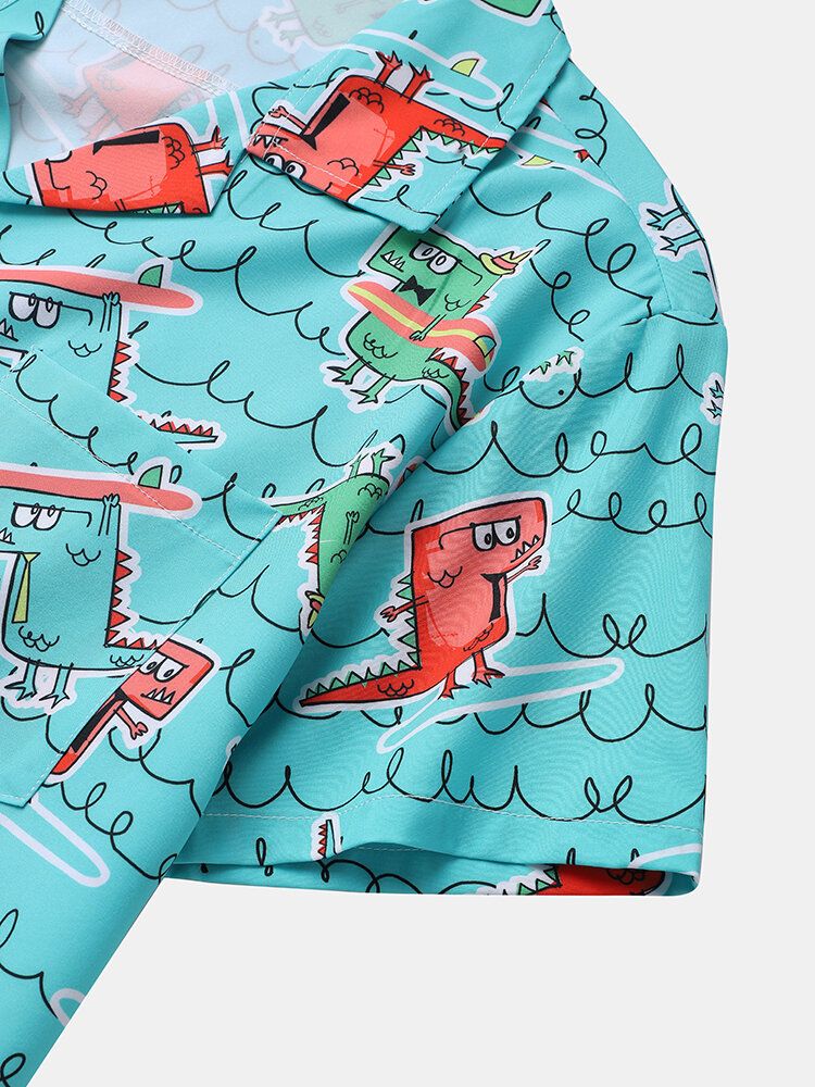 Mężczyźni Funny Dinosaur Print Kostiumy Kąpielowe Ice Silk Wygodne Revere Collar Hawaje Style Koszule