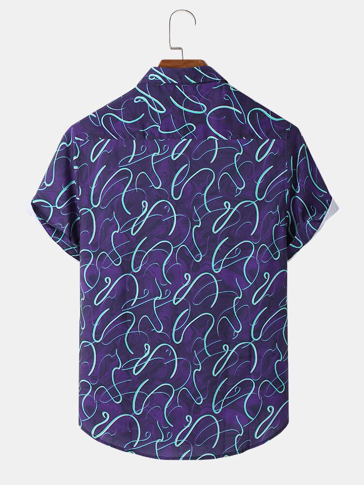 Mężczyźni Funny Print Hem Mankiet Curved Hem Krótki Rękaw Koszule Na Co Dzień