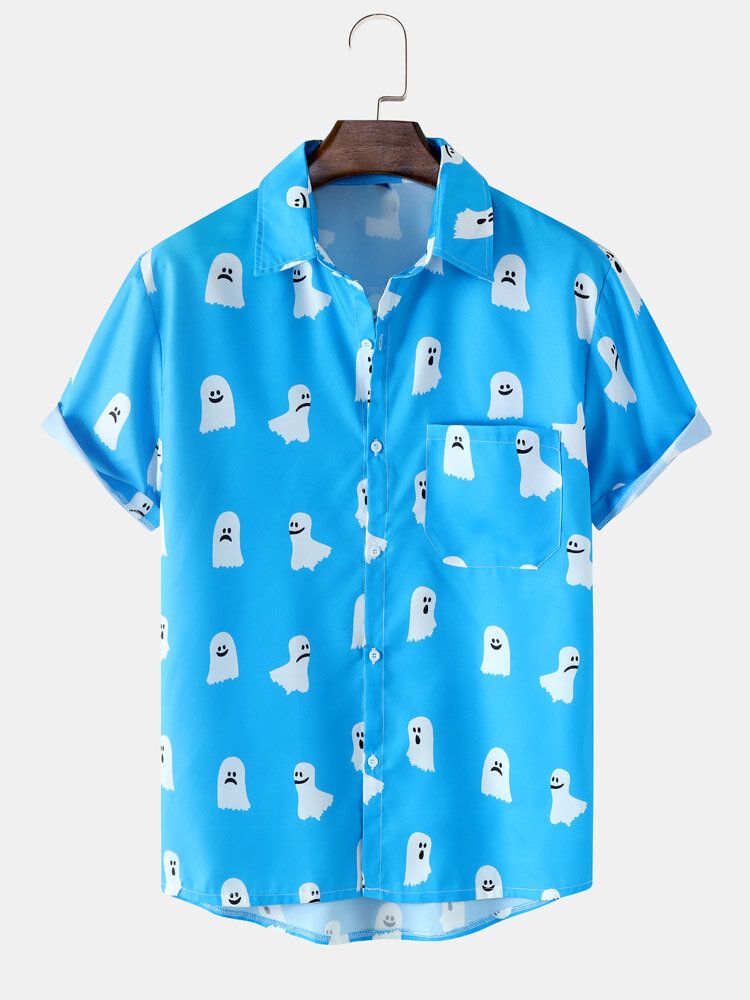 Mężczyźni Halloween All Over Ghost Print Button Casual Koszule Z Krótkim Rękawem