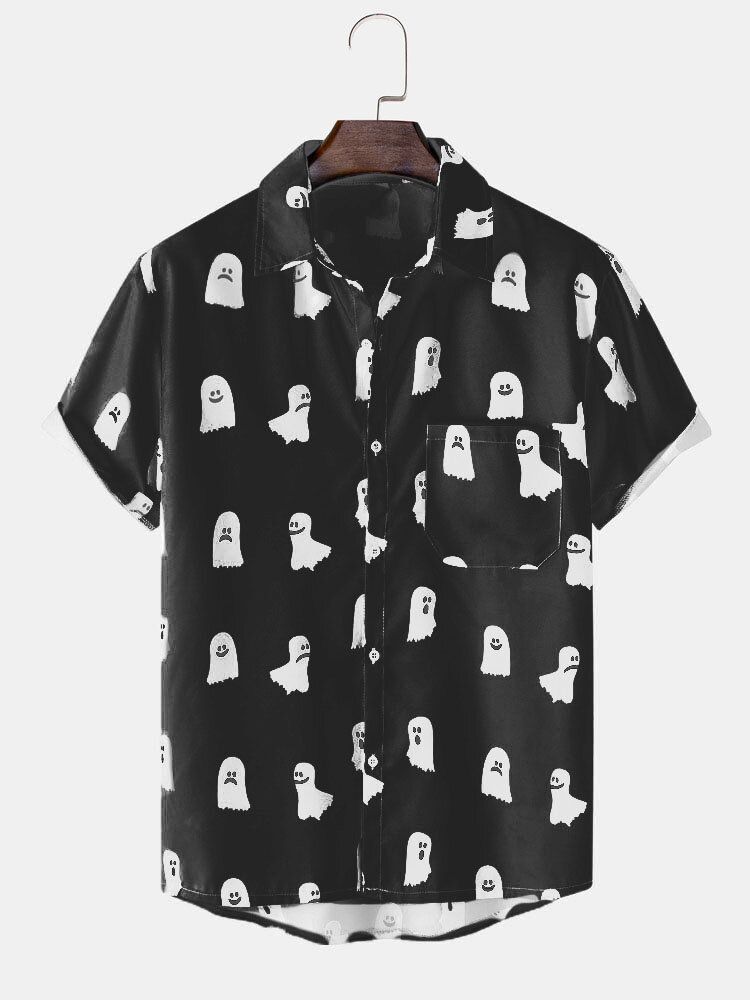 Mężczyźni Halloween All Over Ghost Print Button Casual Koszule Z Krótkim Rękawem