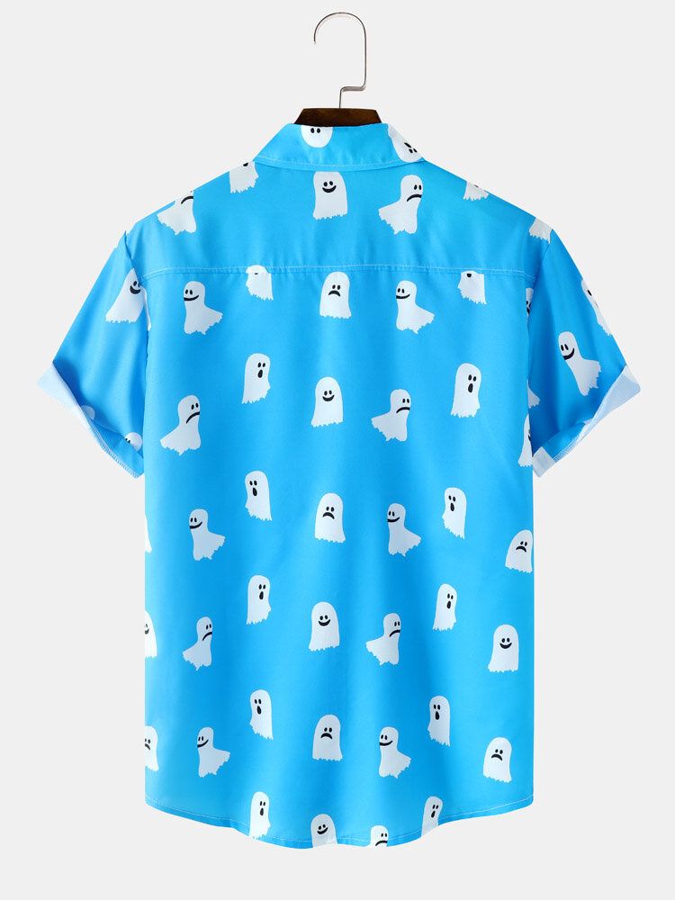 Mężczyźni Halloween All Over Ghost Print Button Casual Koszule Z Krótkim Rękawem