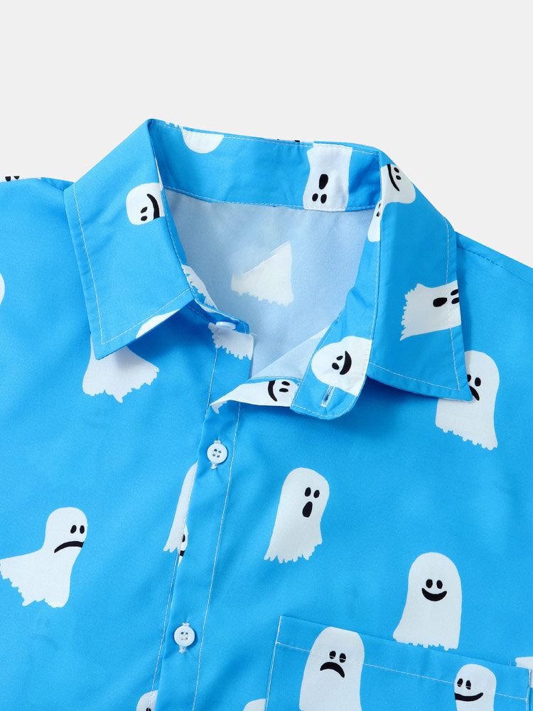 Mężczyźni Halloween All Over Ghost Print Button Casual Koszule Z Krótkim Rękawem