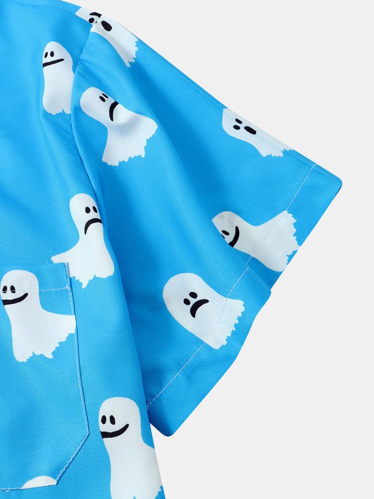 Mężczyźni Halloween All Over Ghost Print Button Casual Koszule Z Krótkim Rękawem