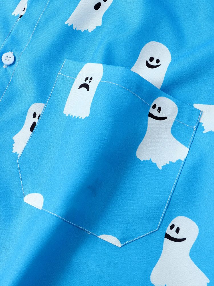 Mężczyźni Halloween All Over Ghost Print Button Casual Koszule Z Krótkim Rękawem