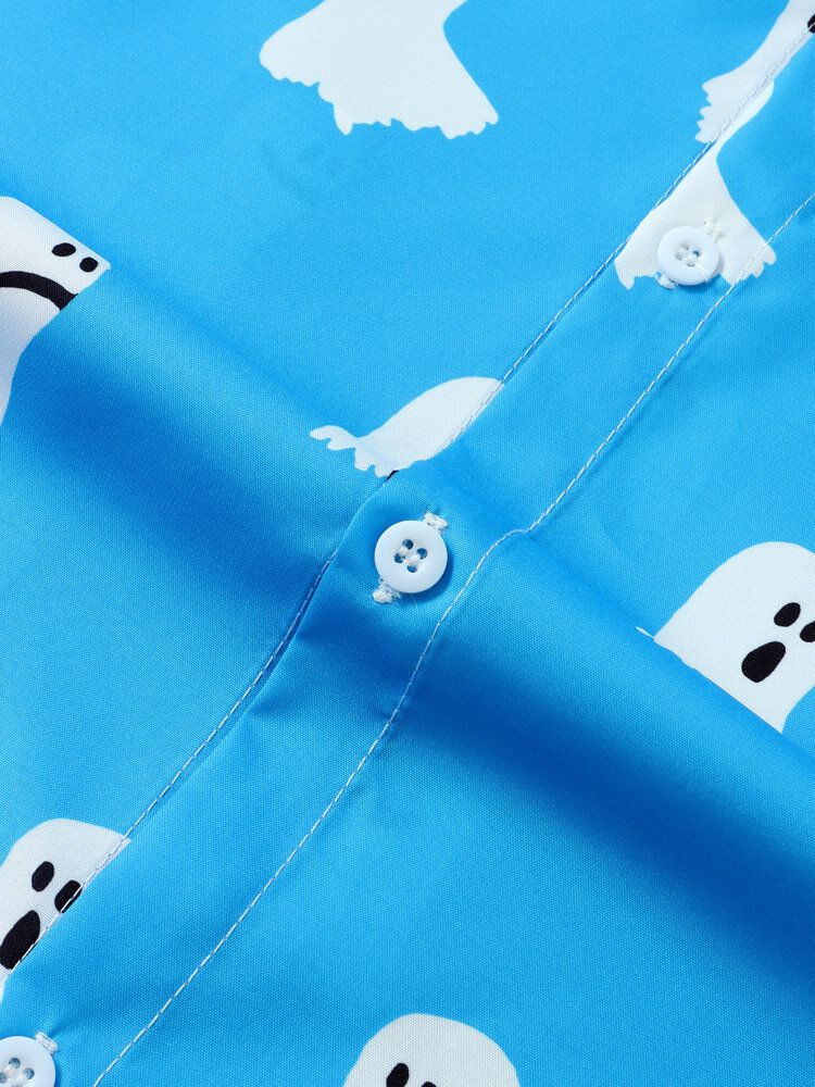 Mężczyźni Halloween All Over Ghost Print Button Casual Koszule Z Krótkim Rękawem