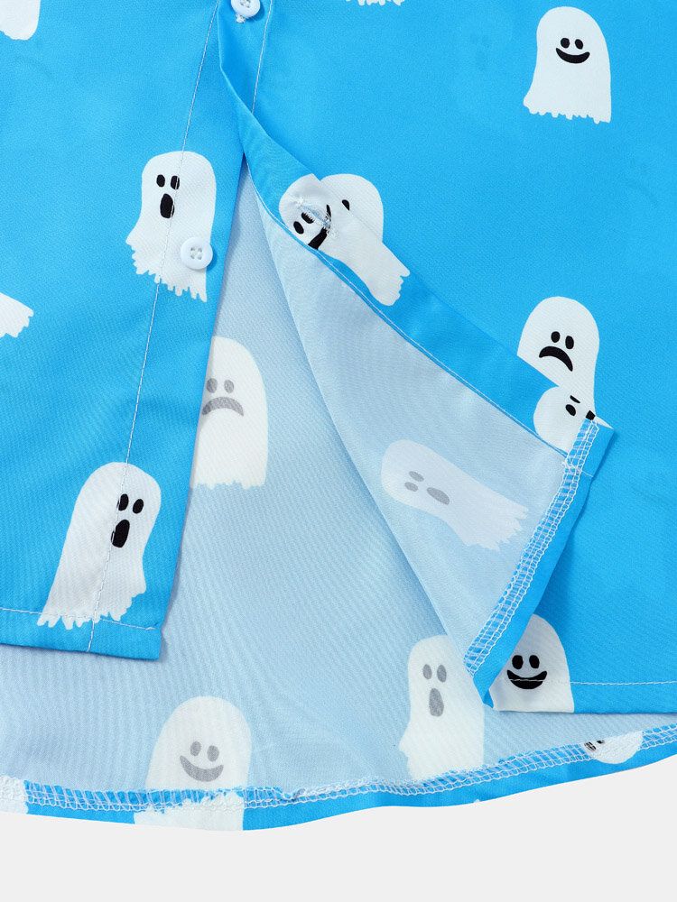 Mężczyźni Halloween All Over Ghost Print Button Casual Koszule Z Krótkim Rękawem