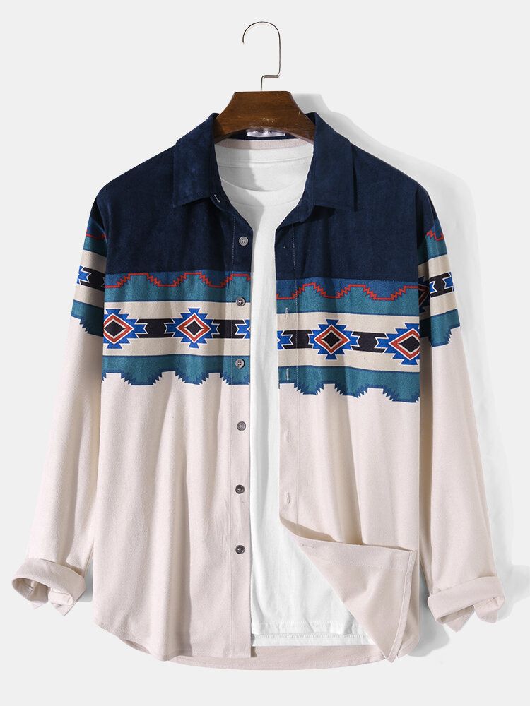 Mężczyźni Kontrast Geo Print Faux Suede Button Up Casual Koszule Z Długim Rękawem