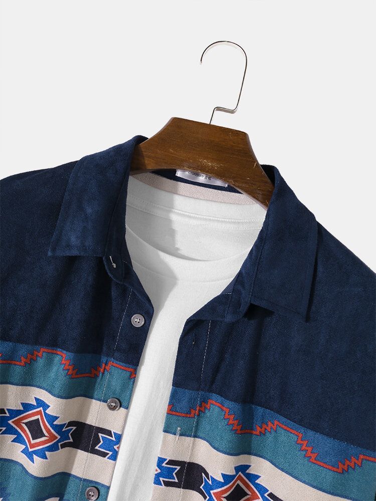 Mężczyźni Kontrast Geo Print Faux Suede Button Up Casual Koszule Z Długim Rękawem