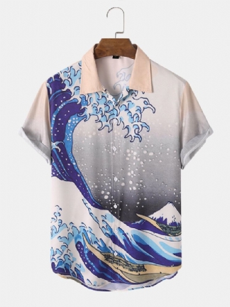 Mężczyźni Ukiyoe Landscape Mountain Print Casual Lapel Casual Shirts