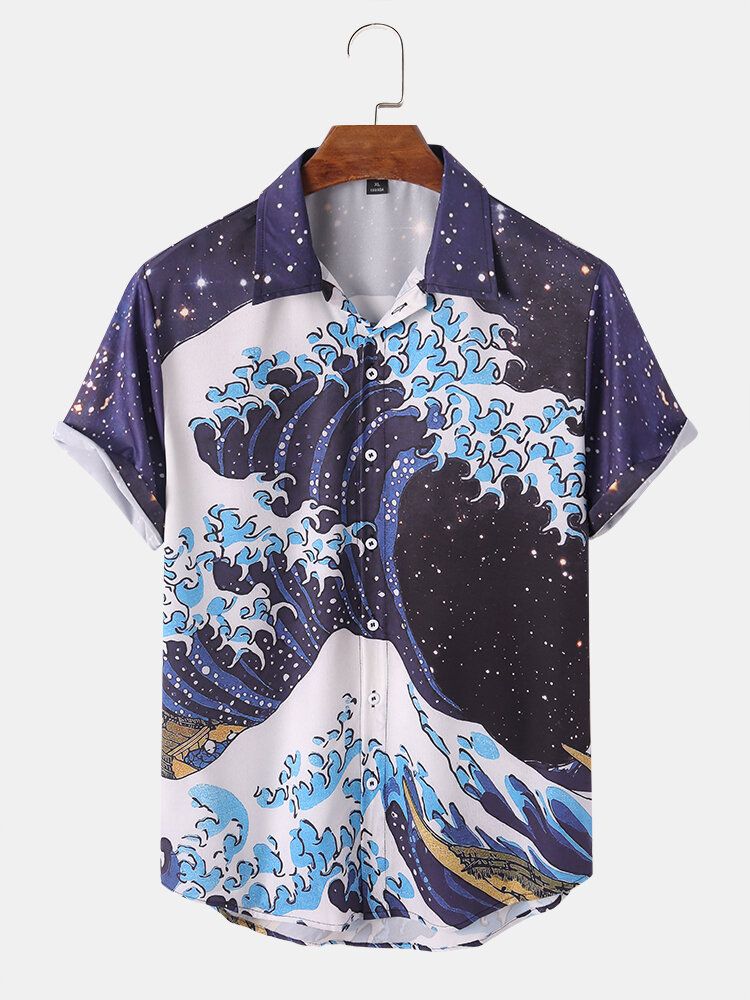 Mężczyźni Ukiyoe Landscape Mountain Print Lapel Casual Shirts