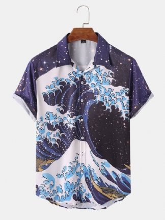 Mężczyźni Ukiyoe Landscape Mountain Print Lapel Casual Shirts