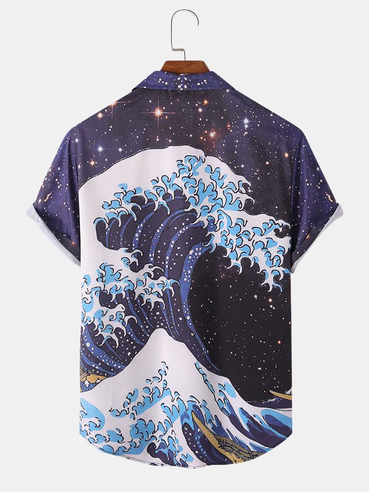 Mężczyźni Ukiyoe Landscape Mountain Print Lapel Casual Shirts