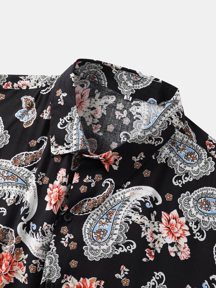 Mężczyźni Vintage Paisley Pattern Street Buttons Up Lapel Hem Mankiet Casual Shirts