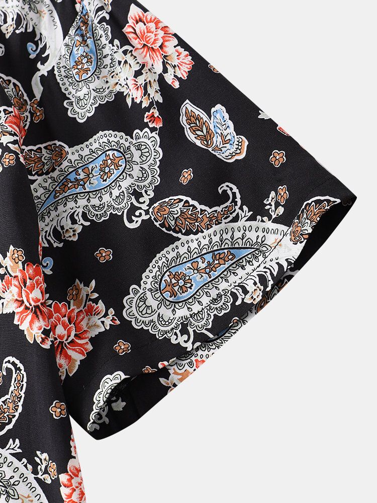 Mężczyźni Vintage Paisley Pattern Street Buttons Up Lapel Hem Mankiet Casual Shirts