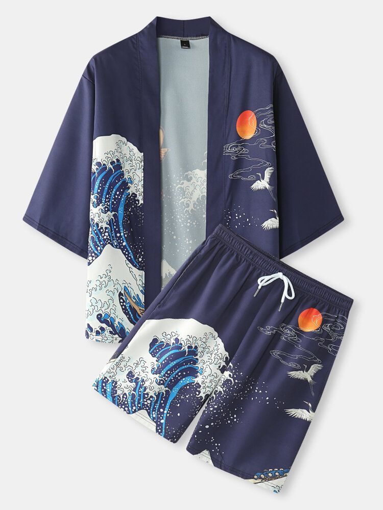 Męska Japońska Fala Kimono Koi Ukiyoe Back Print Dwuczęściowe Stroje