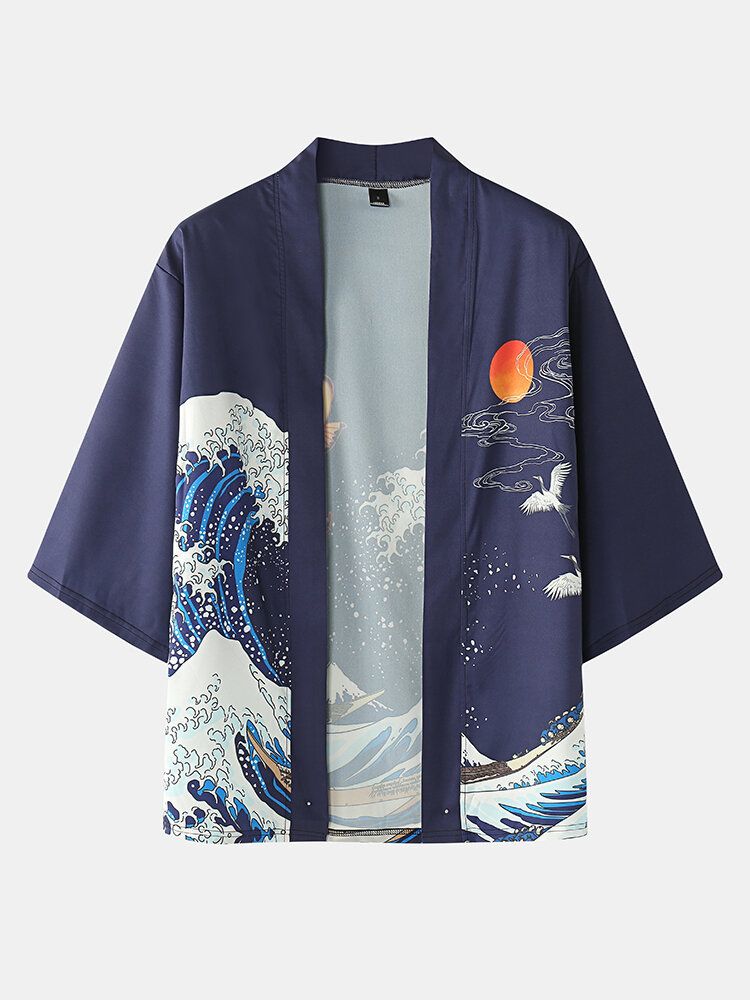 Męska Japońska Fala Kimono Koi Ukiyoe Back Print Dwuczęściowe Stroje