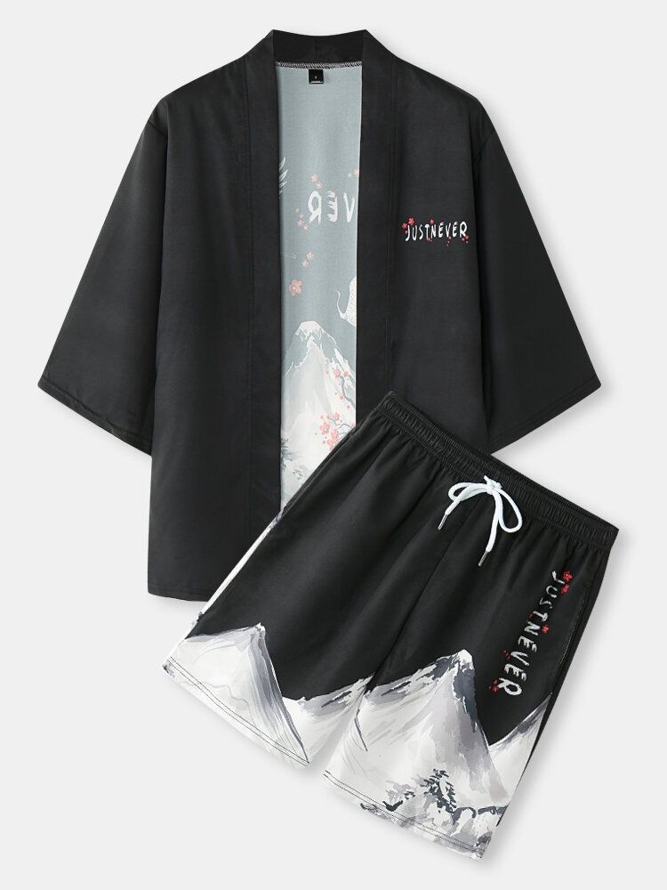 Męska Kimono Crane Mountain Landscape Print Pocket Two Pieces Outfits