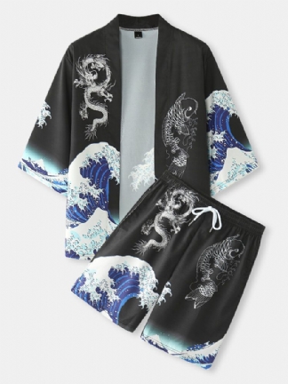 Męski Japoński Styl Wave Koi Ukiyoe Print Kimono Dwuczęściowe Stroje