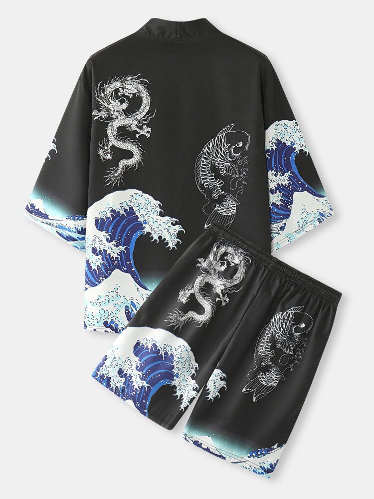 Męski Japoński Styl Wave Koi Ukiyoe Print Kimono Dwuczęściowe Stroje