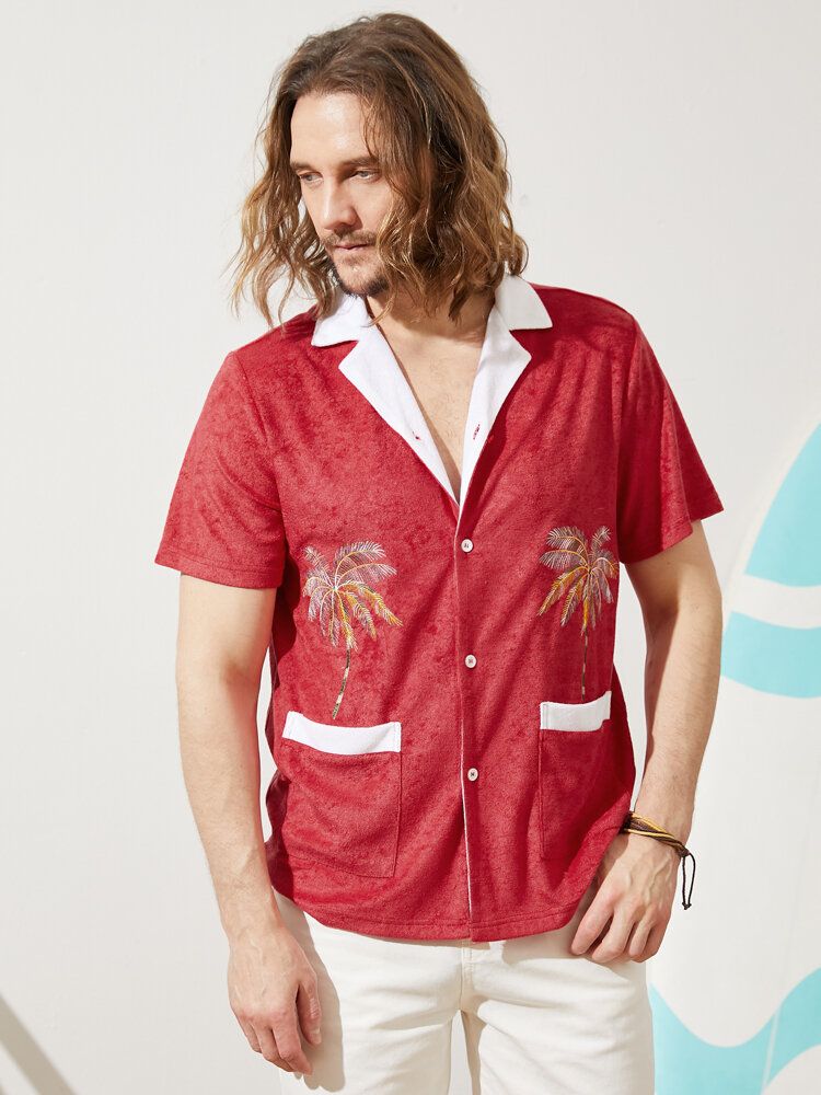 Męski Ręcznik Z Nadrukiem Drzewa Kokosowego Z Podwójnymi Kieszeniamirevere Collar Holiday Shirts