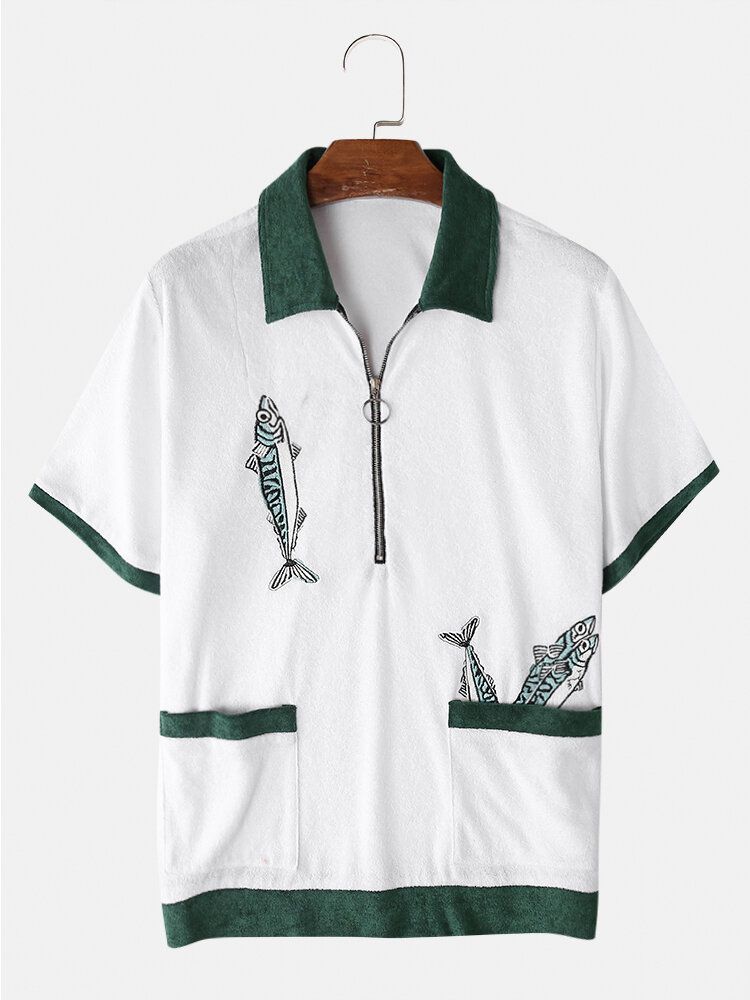 Męskie Frotte Fishing Haft Half Zip Ręcznik Cabana Shirts