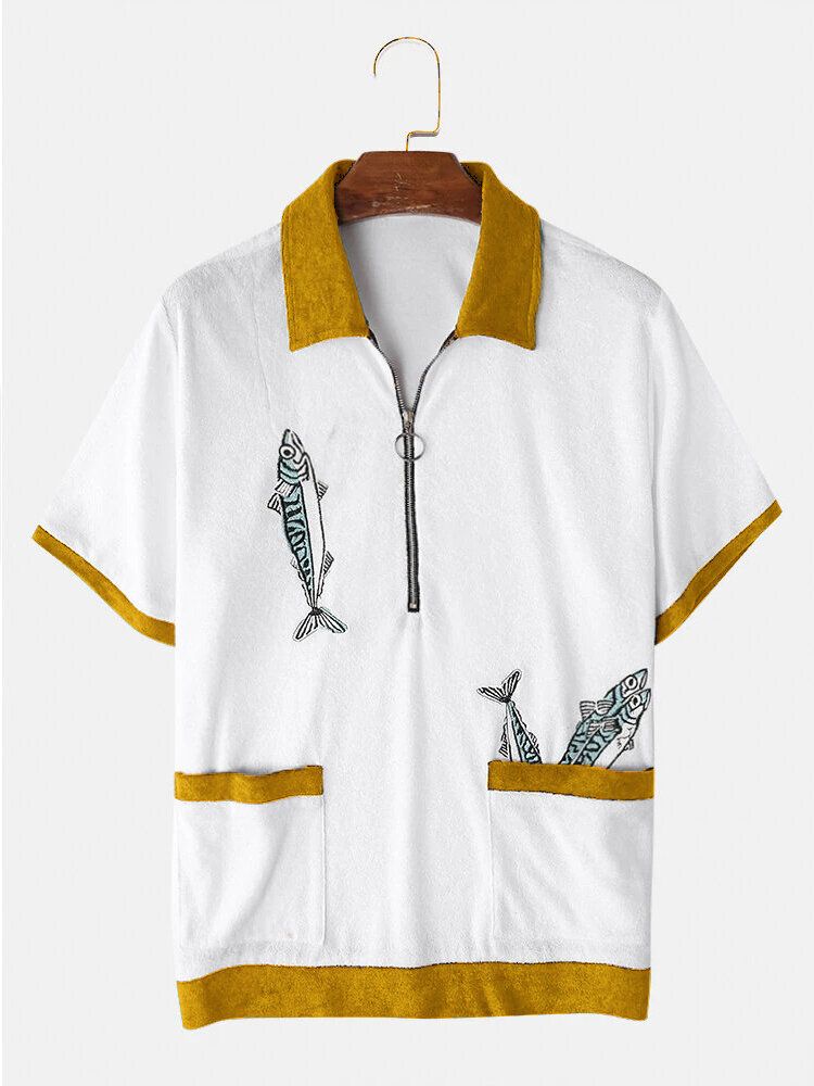 Męskie Frotte Fishing Haft Half Zip Ręcznik Cabana Shirts