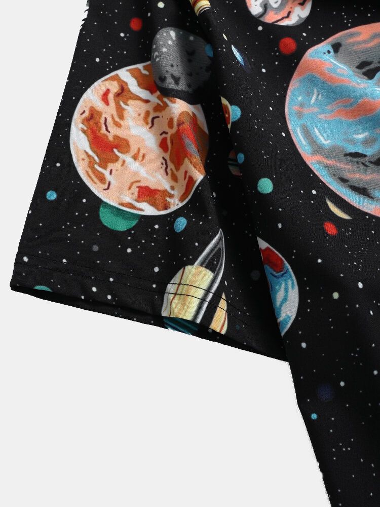 Męskie Galaxy Planet Print CZarne Koszule Z Klapami