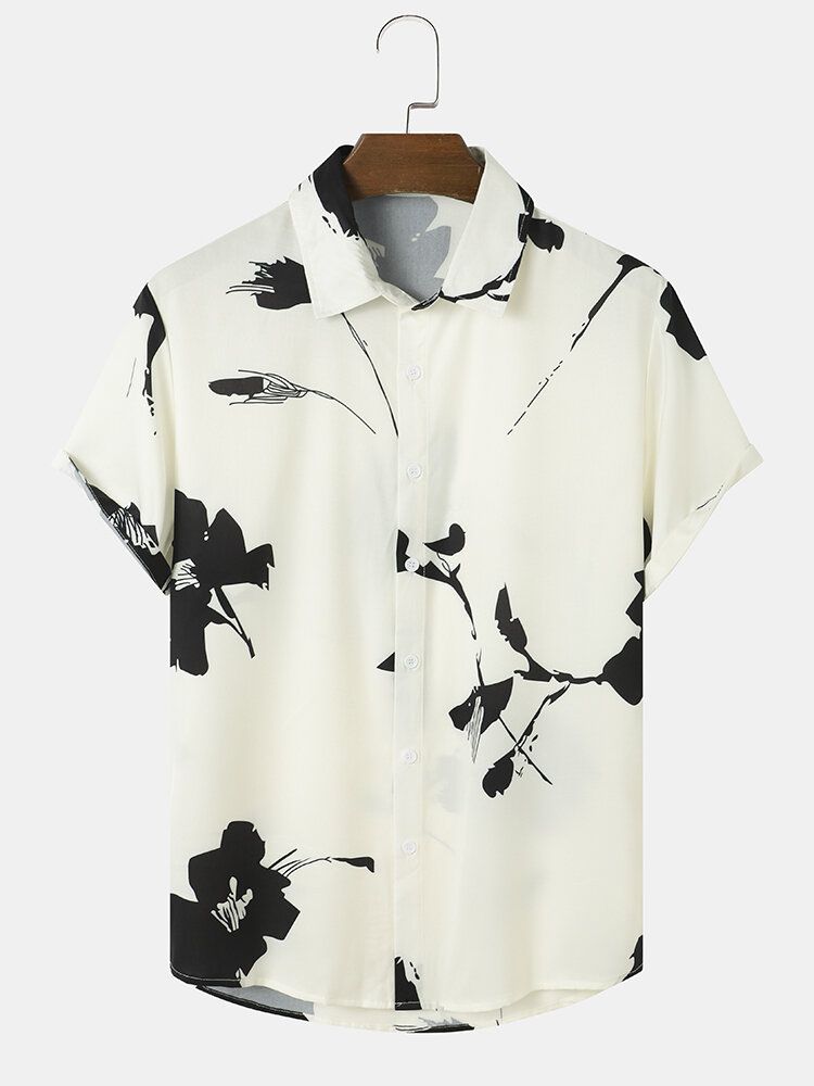 Męskie Ink Plants Print Button Up Świąteczne Koszule Z Krótkim Rękawem