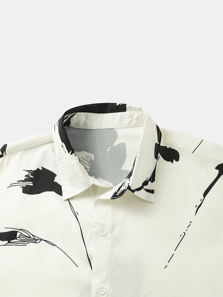 Męskie Ink Plants Print Button Up Świąteczne Koszule Z Krótkim Rękawem