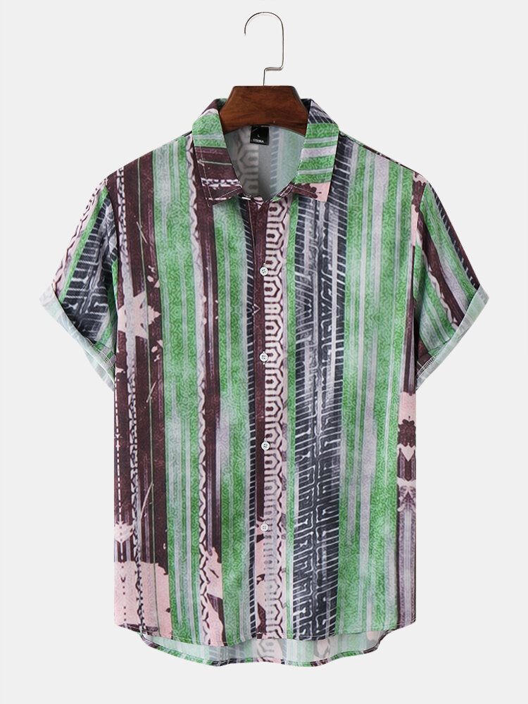 Męskie W Paski Z Nadrukiem Retro Z Krótkim Rękawem Casual Shirt