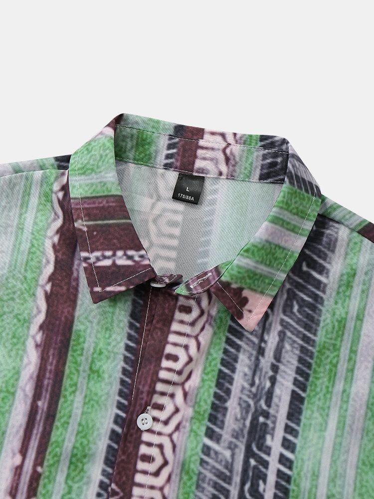 Męskie W Paski Z Nadrukiem Retro Z Krótkim Rękawem Casual Shirt