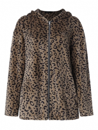 Kobiety Casual Zip Up Leopard Print Z Kapturem Płaszcze