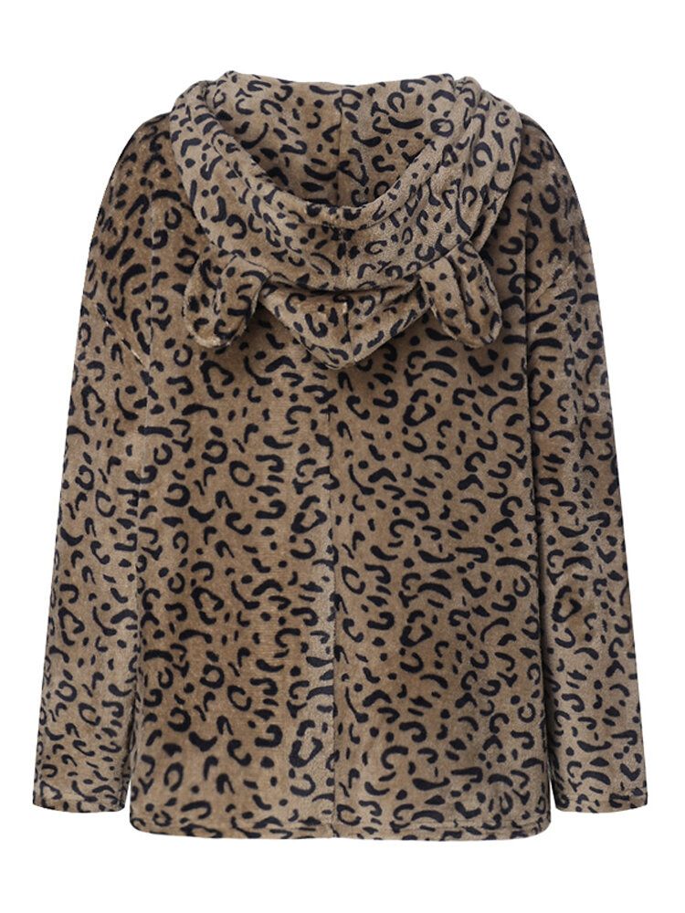 Kobiety Casual Zip Up Leopard Print Z Kapturem Płaszcze