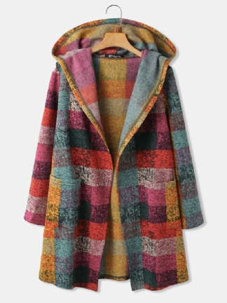 Kobiety Kolorowe Plaid Otwarta Przednia Podwójna Kieszeń Dorywczo Z Kapturem Cardigan Coats