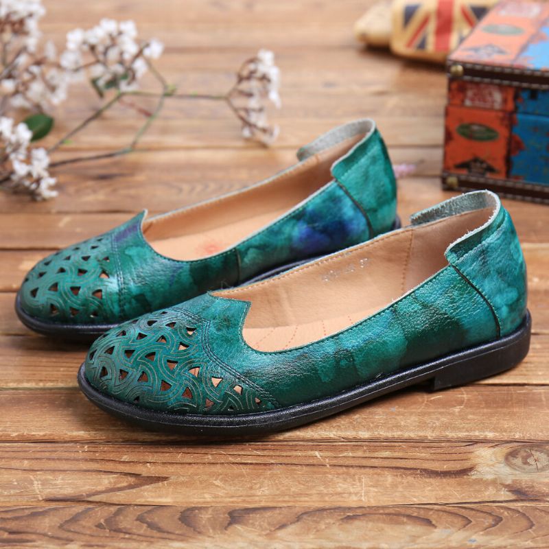 Bohemian Leather Hollow Tie Barwione Miękkie Casual Slip On Loafers Płaskie Buty