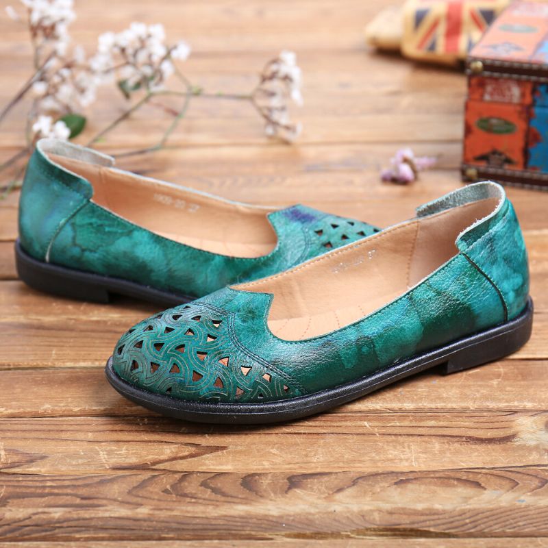 Bohemian Leather Hollow Tie Barwione Miękkie Casual Slip On Loafers Płaskie Buty