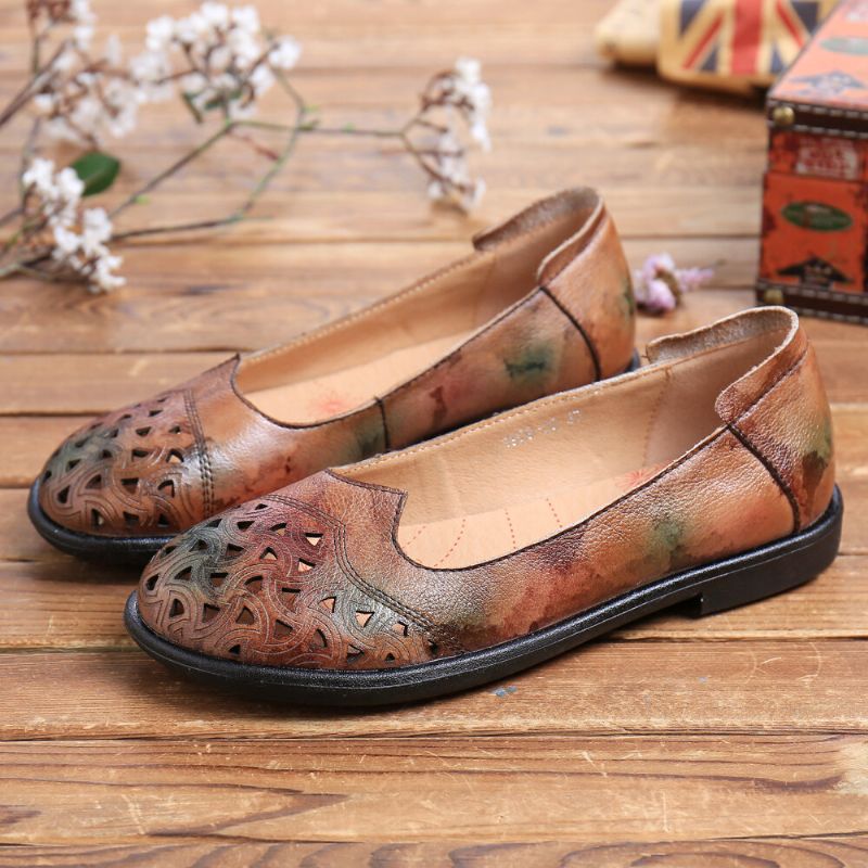 Bohemian Leather Hollow Tie Barwione Miękkie Casual Slip On Loafers Płaskie Buty