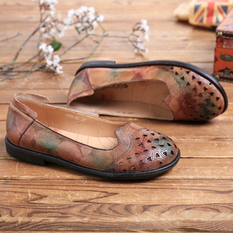 Bohemian Leather Hollow Tie Barwione Miękkie Casual Slip On Loafers Płaskie Buty