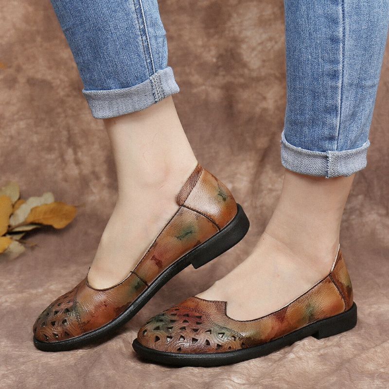 Bohemian Leather Hollow Tie Barwione Miękkie Casual Slip On Loafers Płaskie Buty