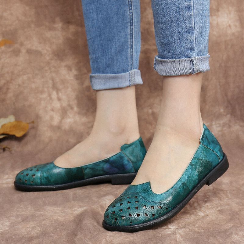 Bohemian Leather Hollow Tie Barwione Miękkie Casual Slip On Loafers Płaskie Buty