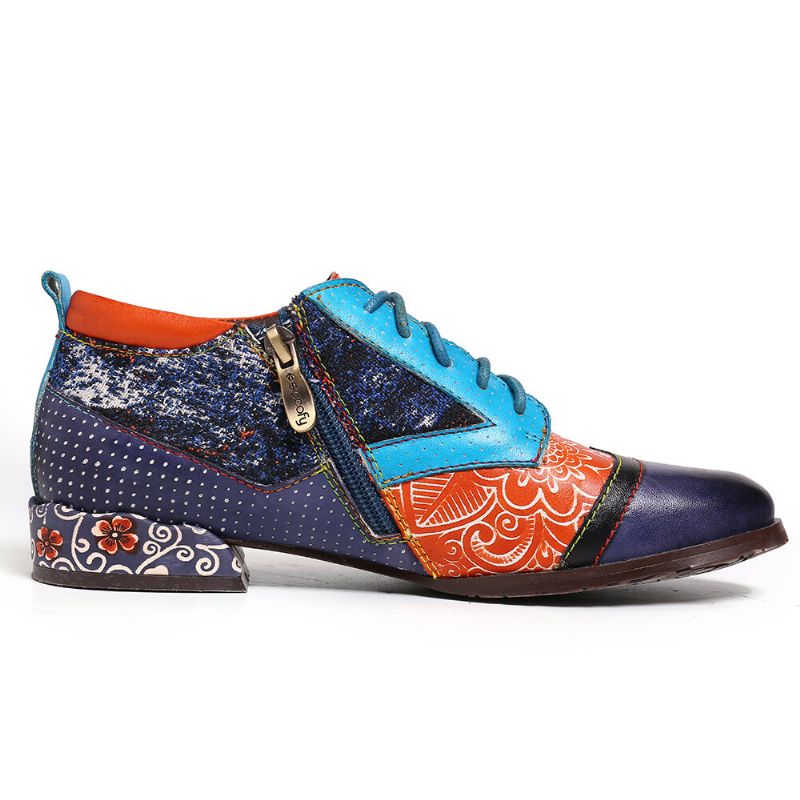 Bohemian Pattern Colorblock Oryginalne Skórzane Szwy Wygodne Płaskie Buty