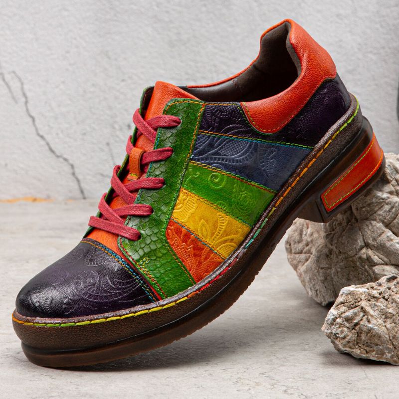 Casual Lace Up Rainbow Print Szwy Mokasyny Buty Damskie Skórzane Wygodne Mieszkania