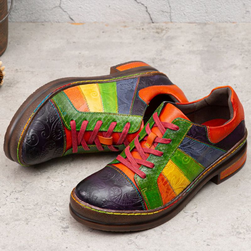 Casual Lace Up Rainbow Print Szwy Mokasyny Buty Damskie Skórzane Wygodne Mieszkania