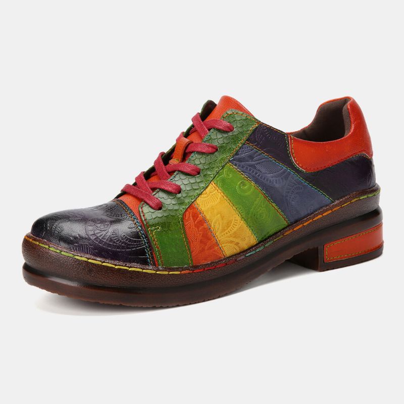 Casual Lace Up Rainbow Print Szwy Mokasyny Buty Damskie Skórzane Wygodne Mieszkania