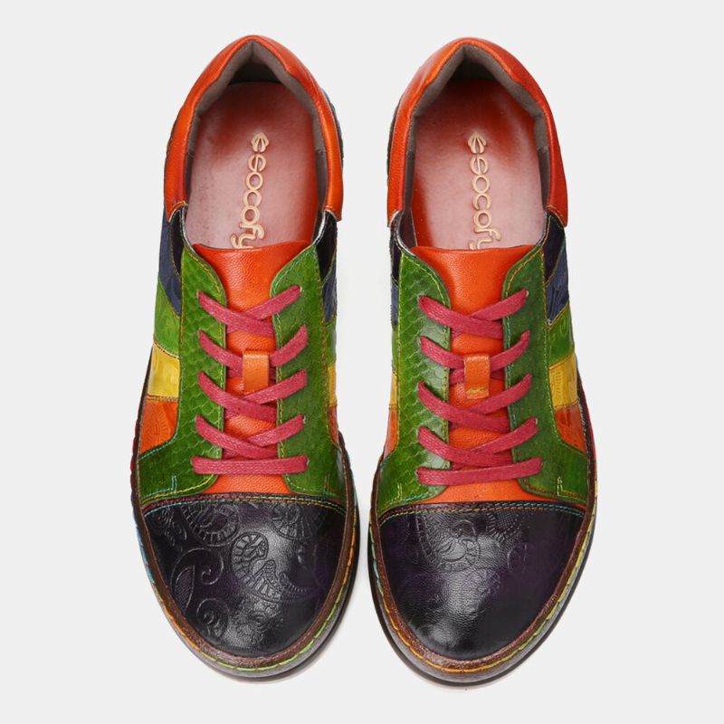 Casual Lace Up Rainbow Print Szwy Mokasyny Buty Damskie Skórzane Wygodne Mieszkania